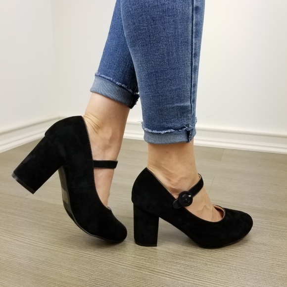 Cute black faux suede chunky heel pumps - Picture 5 of 8